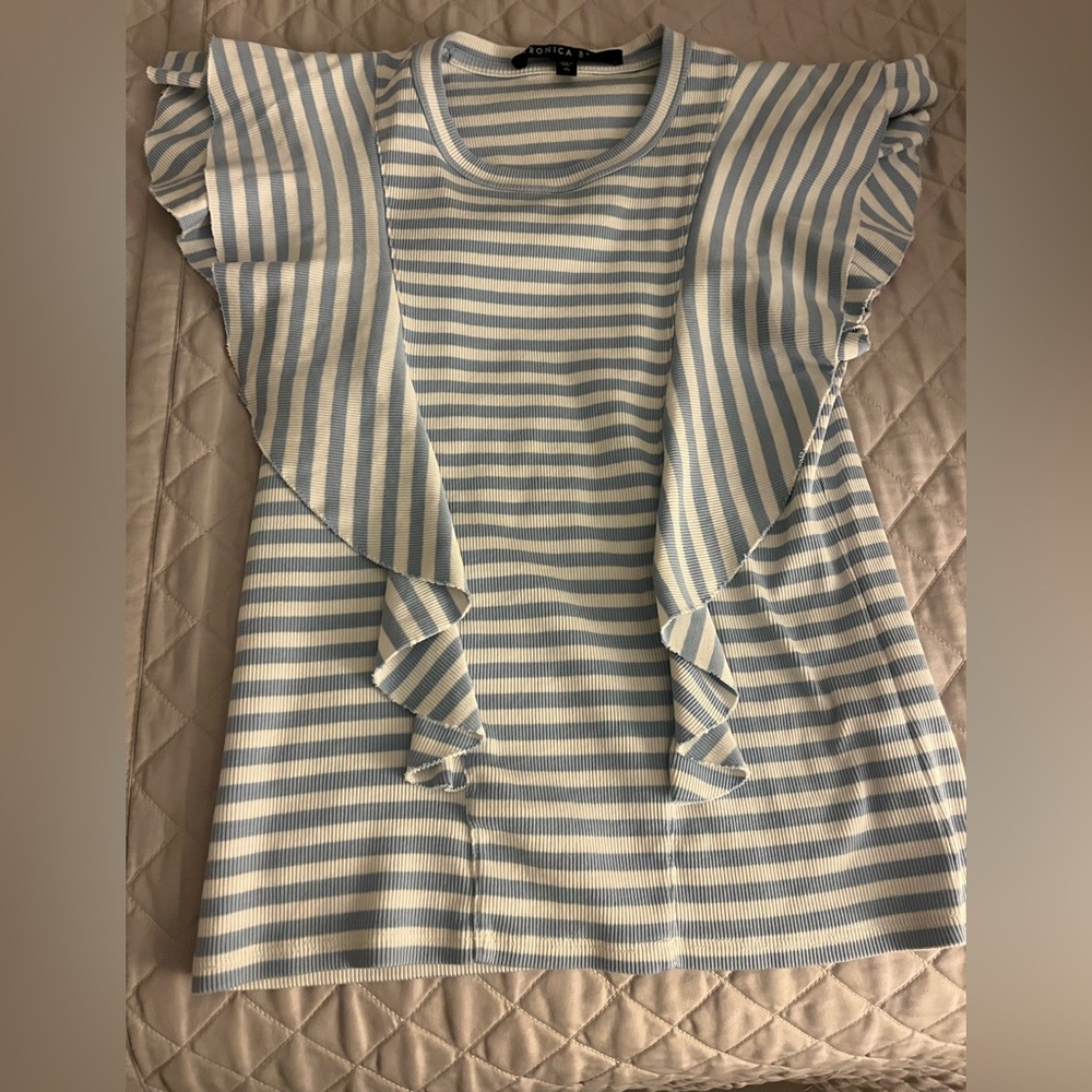 Veronica Beard Blue and White Striped Ruffle Sleeve Top